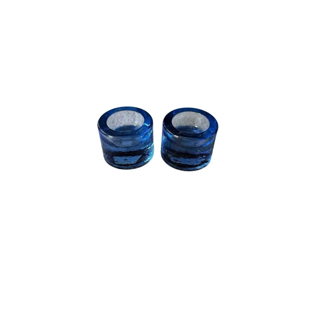 Crate And Barrel Blue Block Glass Tea light Votives Candles X 2 Round.